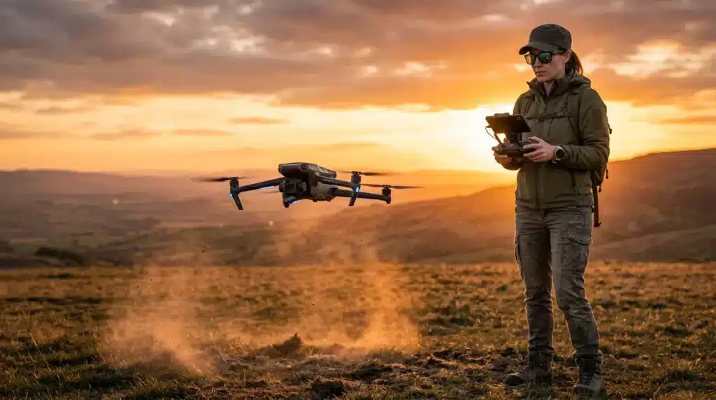 Femme pilotant un drone dans un paysage désertique doré
