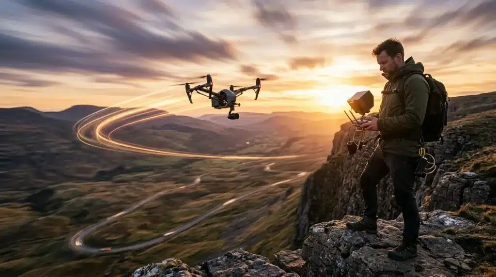 Homme contrôlant un drone au-dessus d'une vallée montagnarde