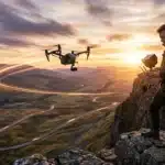 Homme contrôlant un drone au-dessus d'une vallée montagnarde