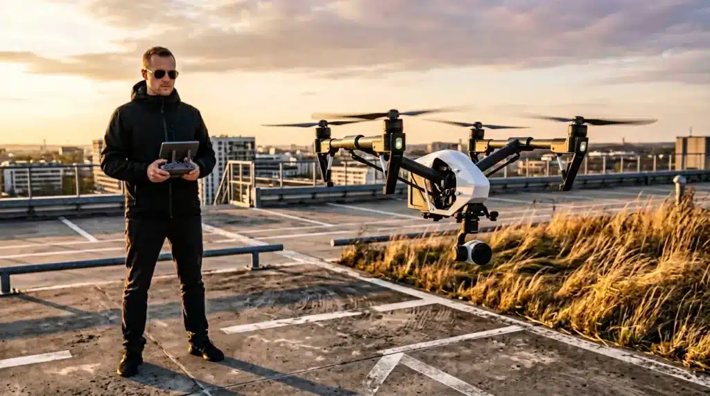 Homme contrôlant drone sur toit de ville au coucher soleil