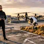 Homme contrôlant drone sur toit de ville au coucher soleil