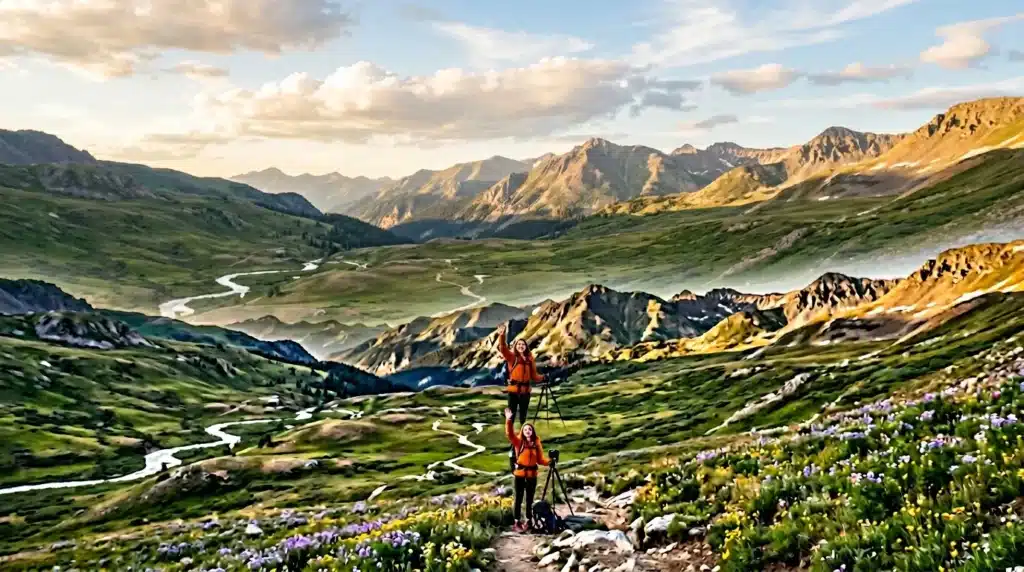 Deux randonneurs en montagne avec vue panoramique sur vallée verdoyante