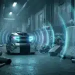 Robot blanc avec capteurs dans un couloir industriel bleu