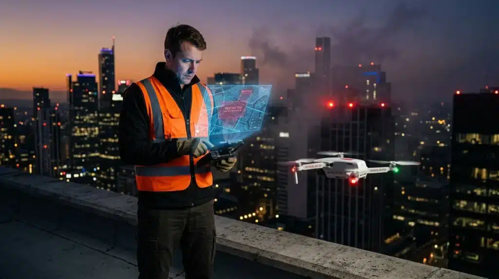 Opérateur drone avec tablette cartographique survolant ville nocturne