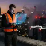 Opérateur drone avec tablette cartographique survolant ville nocturne