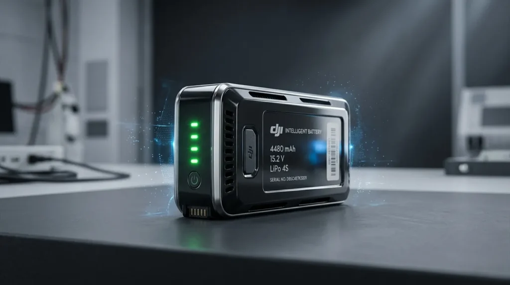 Batterie DJI intelligente avec indicateurs LED verts sur bureau