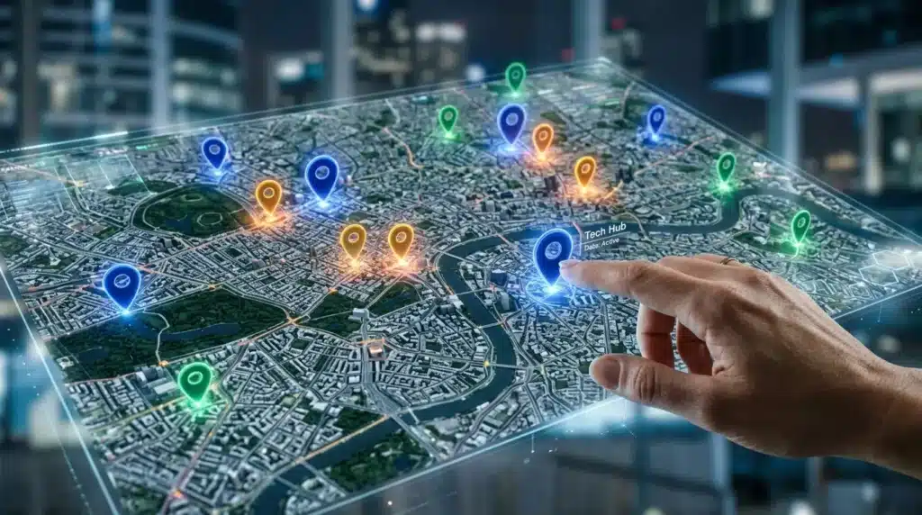Main pointant des marqueurs colorés sur carte numérique urbaine