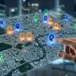 Main pointant des marqueurs colorés sur carte numérique urbaine