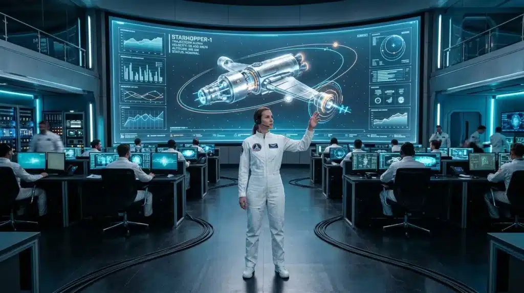 Astronaute en combinaison blanche dans centre de contrôle spatial haute technologie