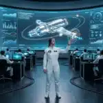 Astronaute en combinaison blanche dans centre de contrôle spatial haute technologie