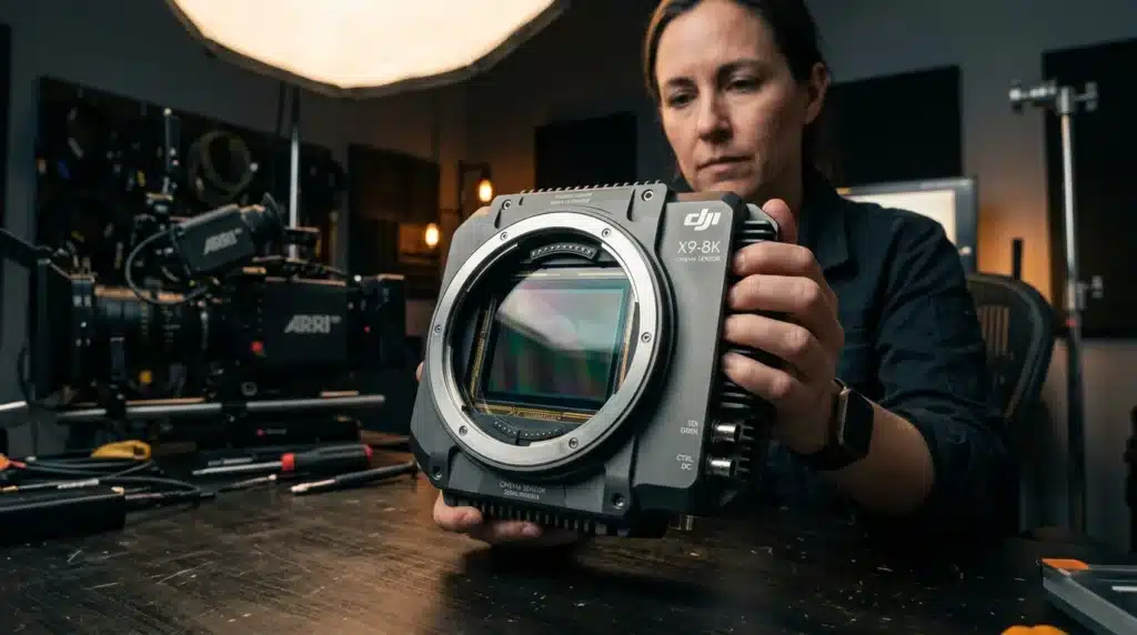 Femme présentant le capteur cinéma DJI X9-8K en studio professionnel