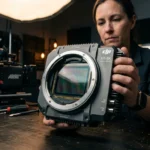Femme présentant le capteur cinéma DJI X9-8K en studio professionnel