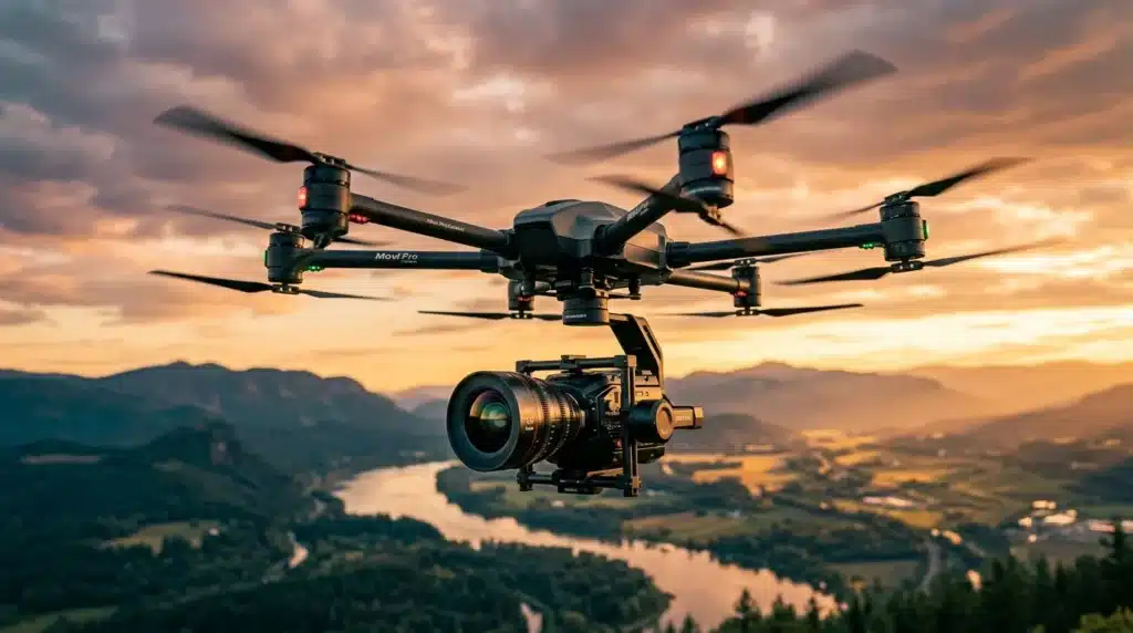 Drone professionnel équipé caméra survolant vallée montagneuse