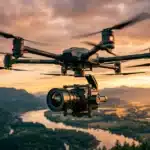 Drone professionnel équipé caméra survolant vallée montagneuse