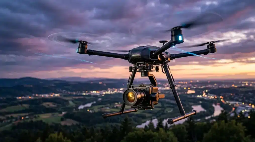 Drone équipé de caméra survolant paysage urbain éclairé