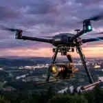 Drone équipé de caméra survolant paysage urbain éclairé