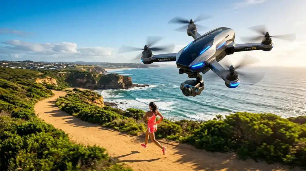Drone FPV survolant une joggeuse sur une plage côtière