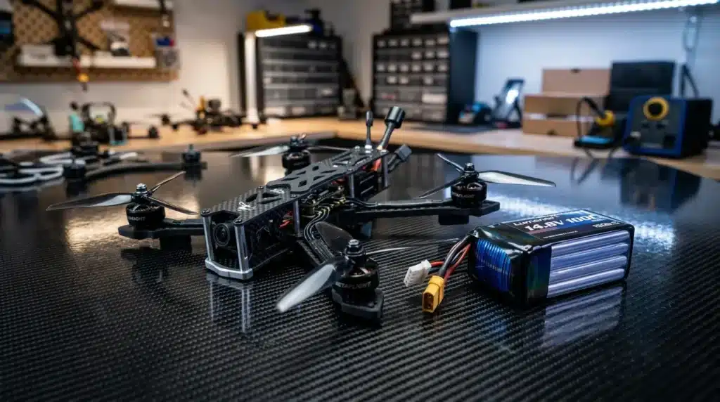 Drone quadricoptère noir avec batterie et accessoires techniques
