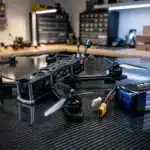 Drone quadricoptère noir avec batterie et accessoires techniques