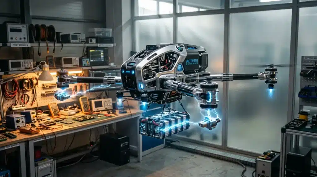 Drone armé high-tech avec éclairage bleu dans un laboratoire d'ingénierie