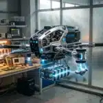 Drone armé high-tech avec éclairage bleu dans un laboratoire d'ingénierie