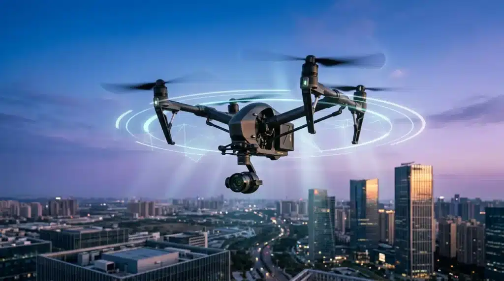 Drone futuriste survolant ville illuminée la nuit
