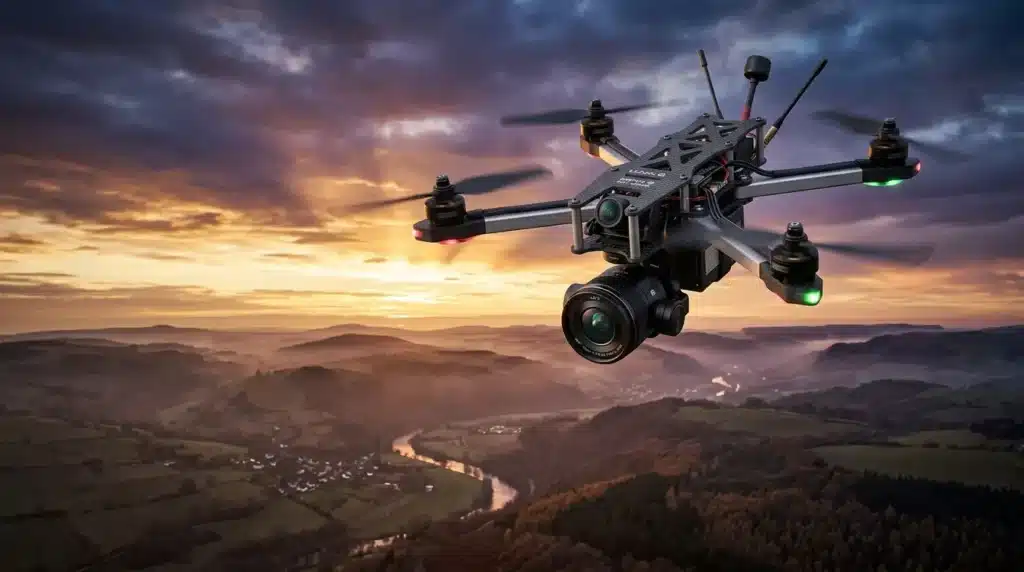 Drone quadricoptère noir survolant vallée montagne coucher soleil