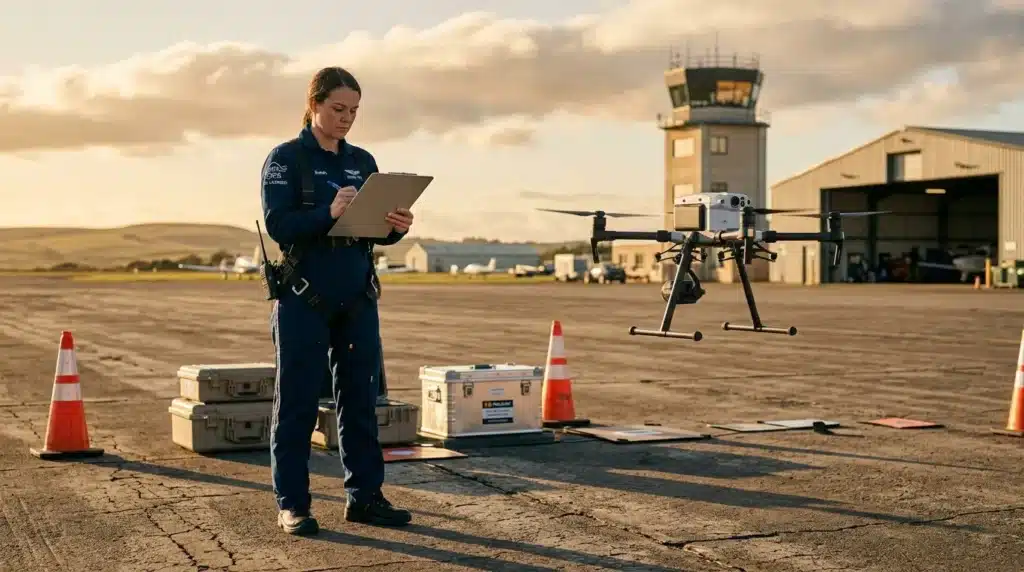Technicienne pilote drone sur piste d'aéroport avec équipement