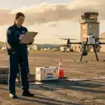 Technicienne pilote drone sur piste d'aéroport avec équipement