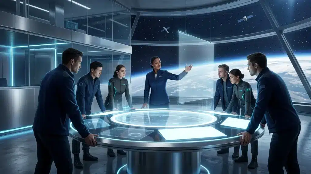 Équipe en uniforme autour d'une table holographique dans station spatiale