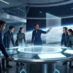 Équipe en uniforme autour d'une table holographique dans station spatiale