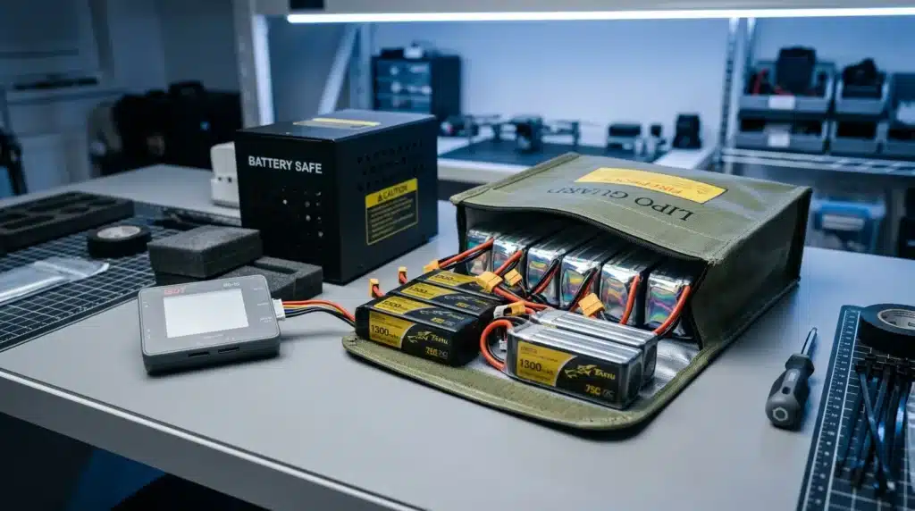 Batteries LiPo et chargeur dans atelier électronique