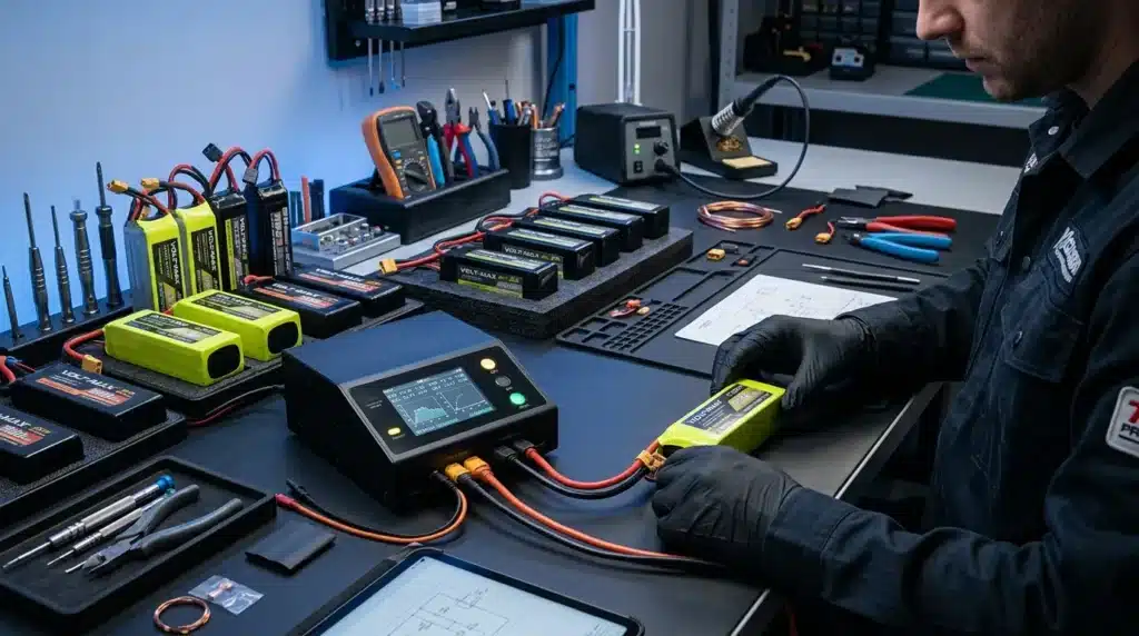Technicien en gants noirs testant batterie LiPo avec équipement électronique