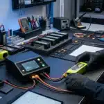 Technicien en gants noirs testant batterie LiPo avec équipement électronique